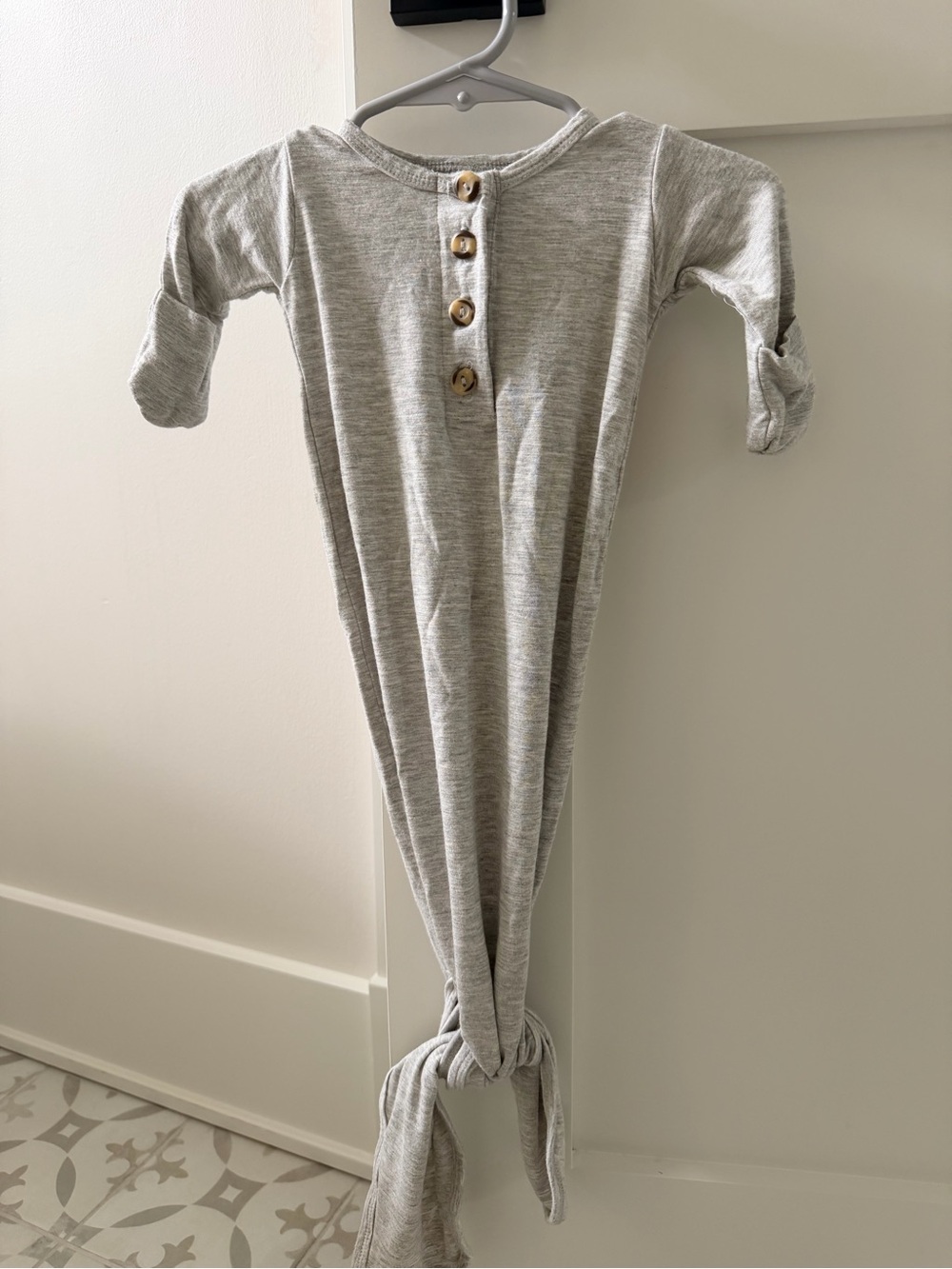 Lou Lou & Company Heather Gray Knotted Baby Gown with Wood Buttons